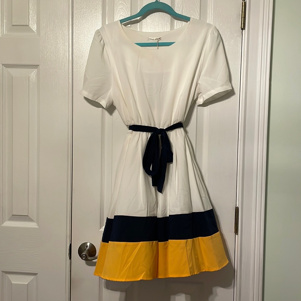 Cream Navy Yellow Colorblock Dress